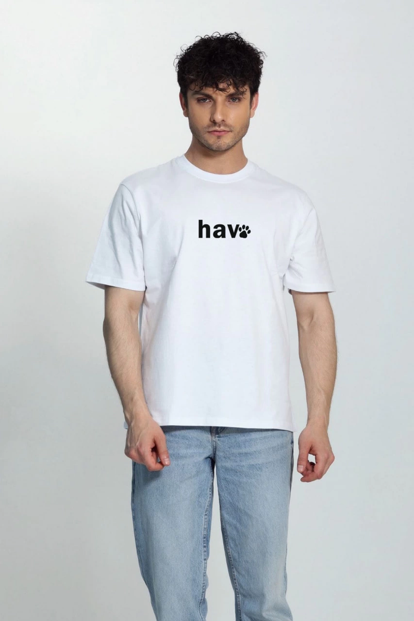 Erkek Bisiklet Yaka Kısa Kol hav Baskılı T-shirt - Beyaz