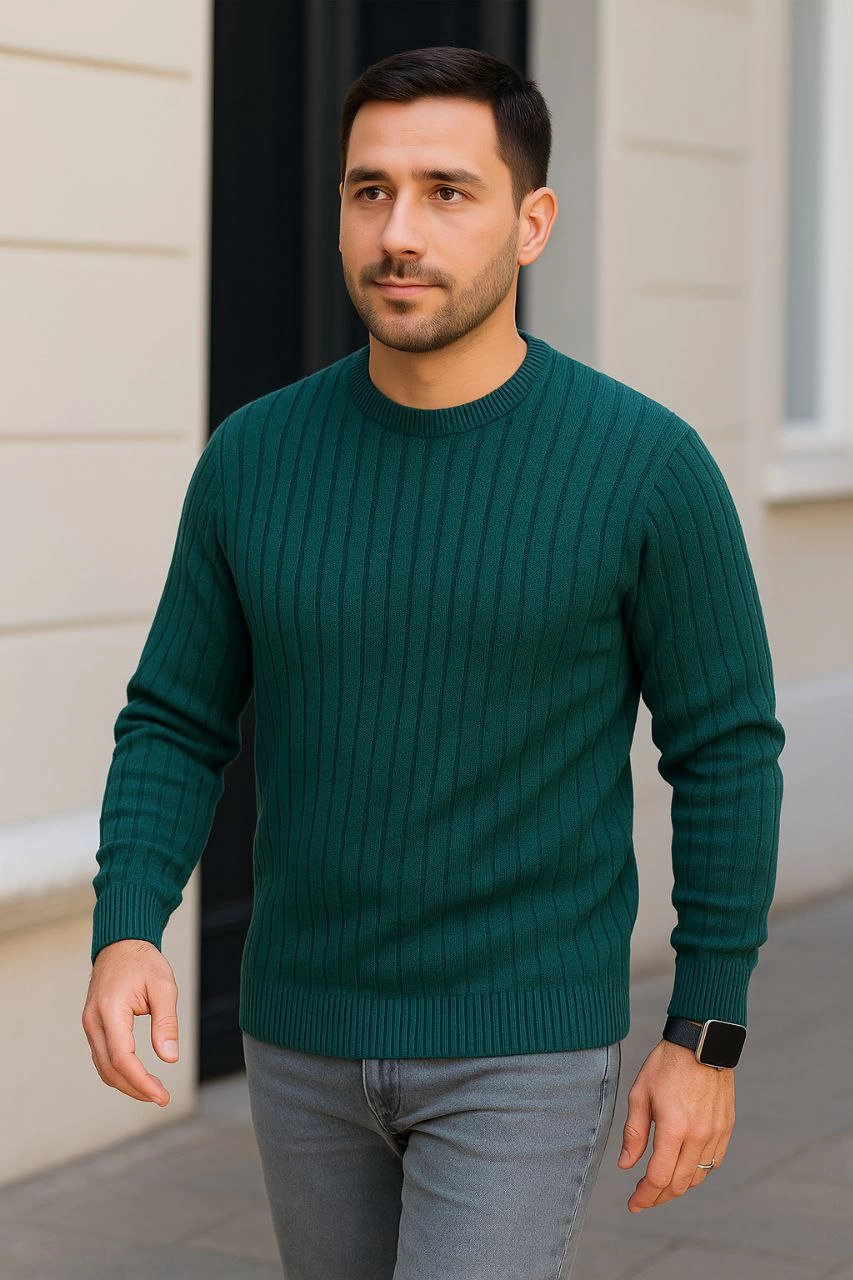 Erkek Bisiklet Yuvarlak Yaka Triko Kazak Pamuklu Kalın Fitilli Dokuma, Regular Fit Uzun Kollu Kışlık Model - Haki