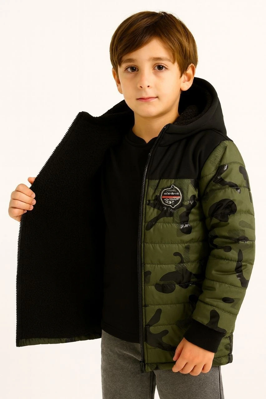 Boys' Camouflage Puffer Jacket - Khaki - Warm Plush Lined, Hooded, Zippered, Water-Repellent Winter Coat