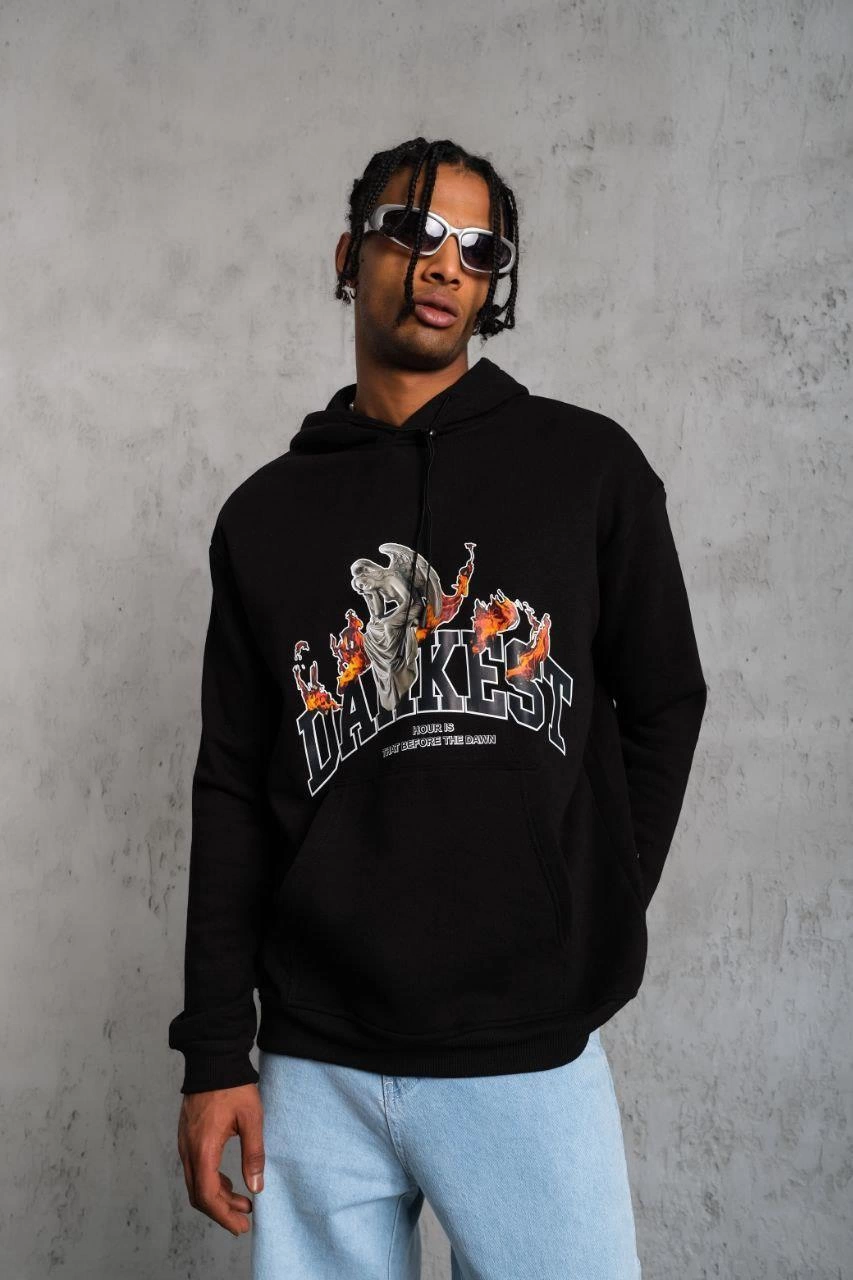 Men's Oversize Hooded Sweatshirt - Black Color Three-Yarn Cotton Lined Kangaroo Pocket Printed Hoodie Comfortable Fit Suitable for Winter Casual Outfits - Black
