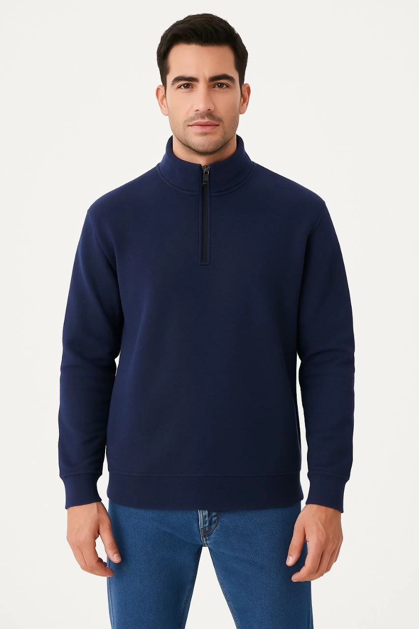 Erkek Dik Yaka Sweatshirt Dik Yaka Yarım Fermuarlı 3 İplik Şardonlu Pamuk Kumaş - Lacivert