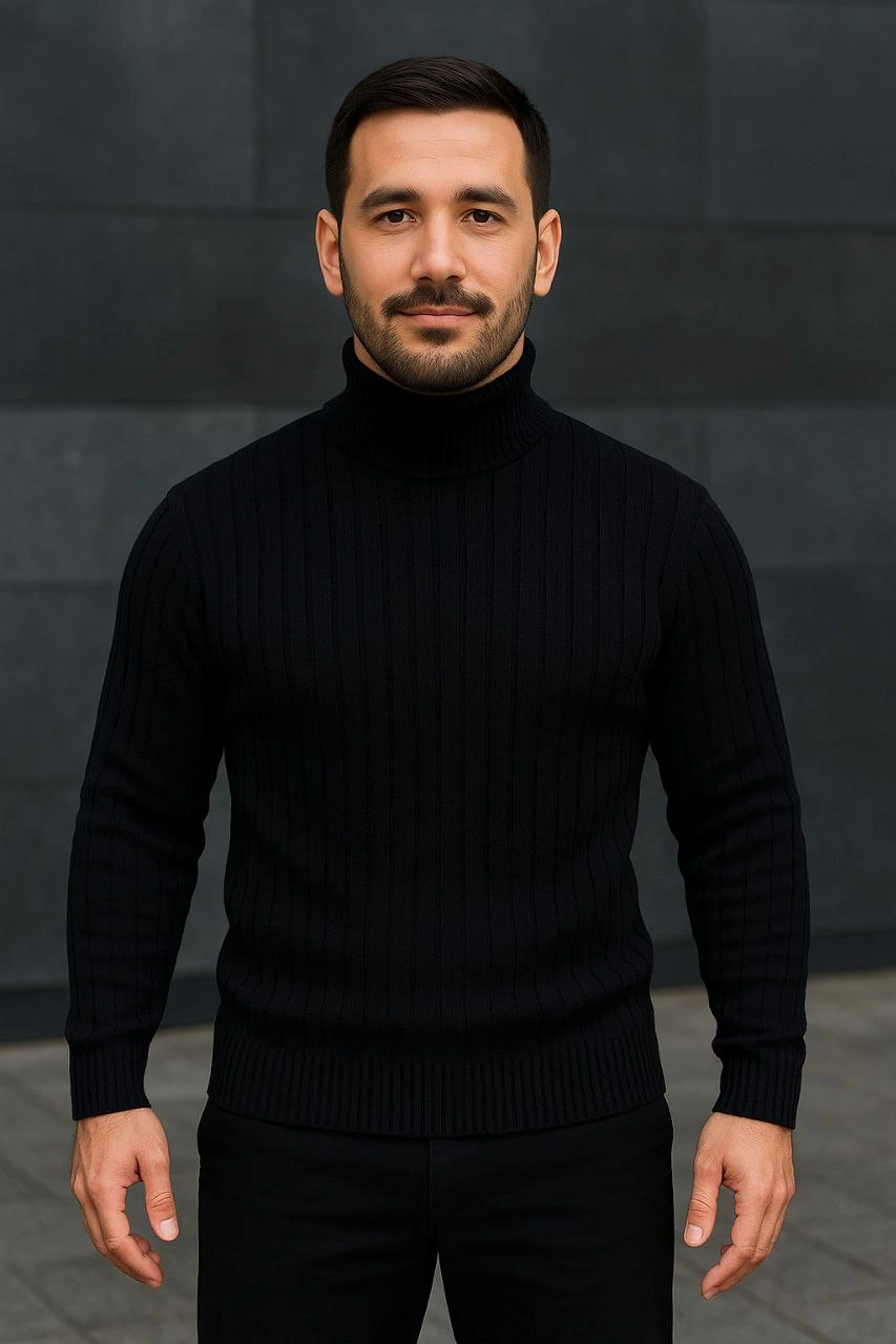 Erkek Fitilli Triko Kazak 2'li Set Bordo Siyah Regular Balıkcı Yaka Tam Boğazlı Triko Seti Modeli Kazak