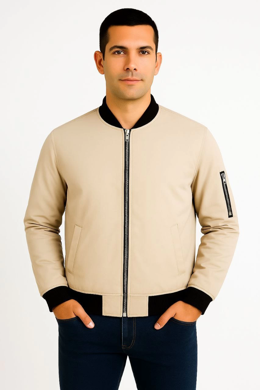 Erkek Bomber Mont Ceket - Fermuarlı, Kapitone İçi Astarlı, Su İtici Kumaş, Regular Fit, Uzun Kollu, Yandan Cepli, Bahar & Kış Rahat Günlük Stil - Bej