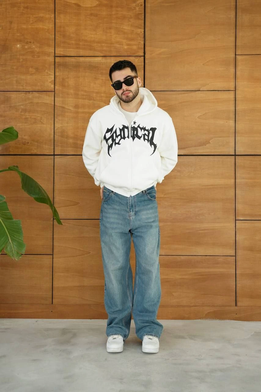 Men's Hooded 3-Thread Brushed Printed Front Zippered Oversized Sweatshirt - White