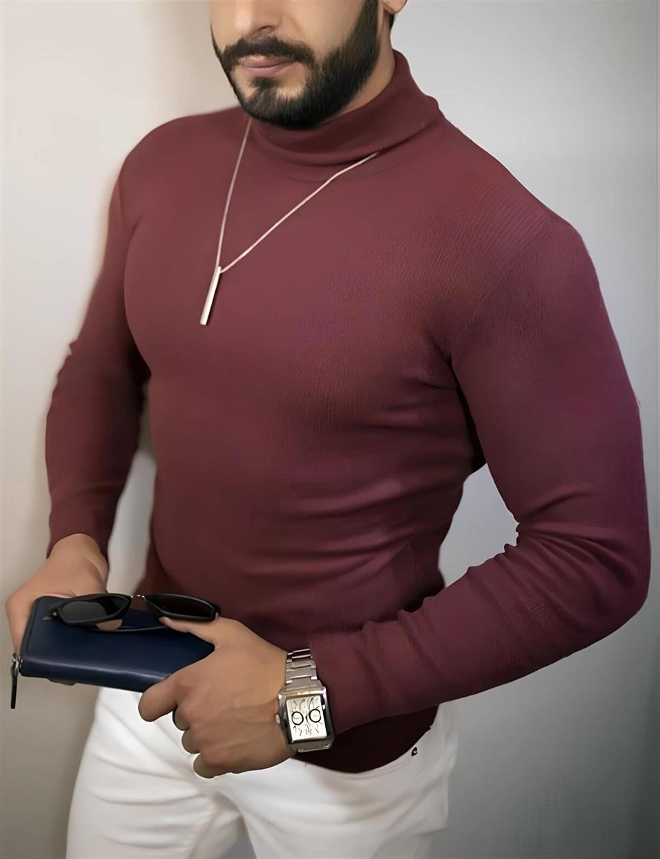 Men's Full Turtleneck Ribbed Kashkorse Knitwear - Lycra, Extra Slim Fit, Soft Cashmere Textured Model - Burgundy