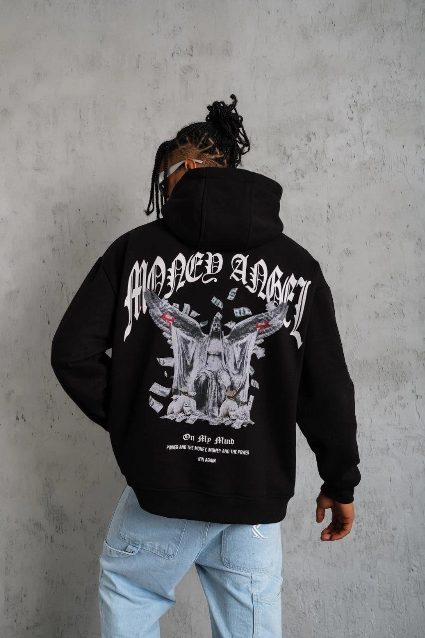 Men's Drawcord Printed Hooded Sweatshirt - Black