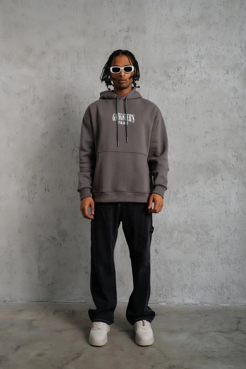 Erkek Paradise Baskılı Kapüşonlu Sweat - Gri