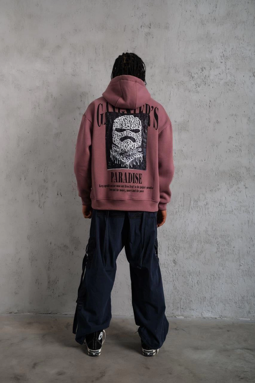 Erkek Paradise Baskılı Kapüşonlu Sweat - Gül Kurusu