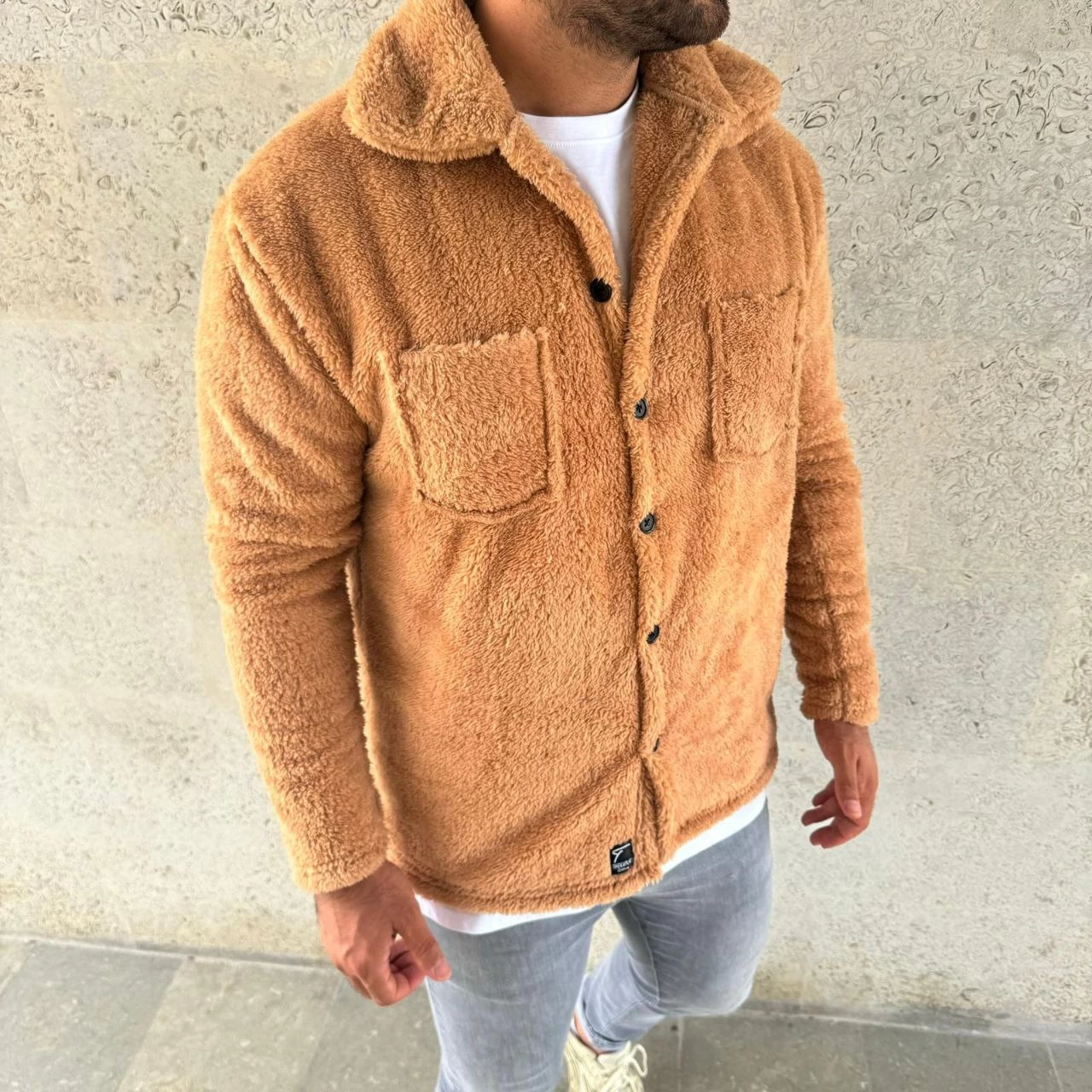 Erkek Pelüş Polar Hırka Gömlek - Yakalı, İlik Düğmeli, Göğüs Cepli, Yumuşak Dokulu Kışlık Regular Fit Rahat Günlük Model - Açık Kahve