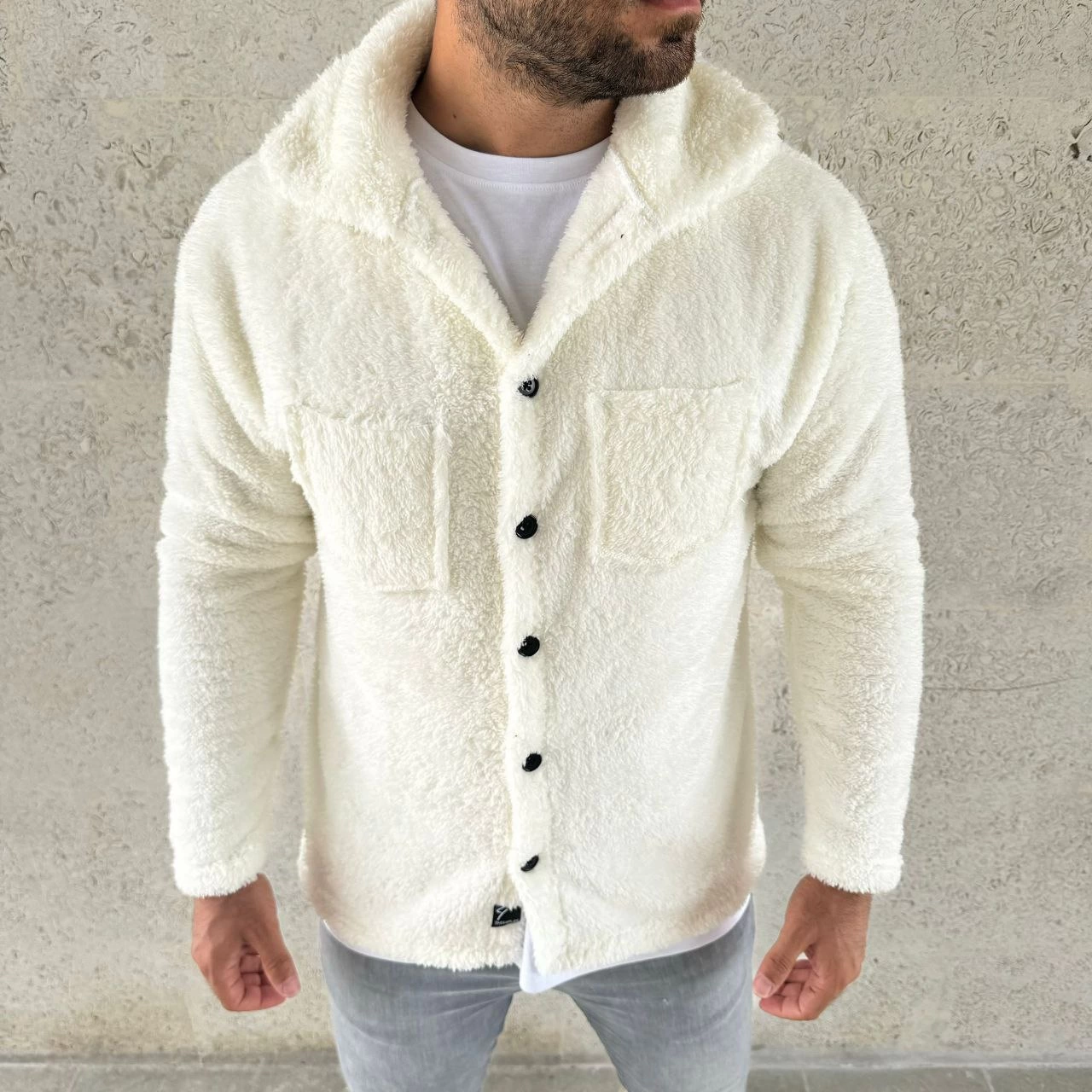 Men's Plush Fleece Cardigan Shirt - Collared, Button-Down, Chest Pocket, Soft-Touch Winter Regular Fit Casual Model - White