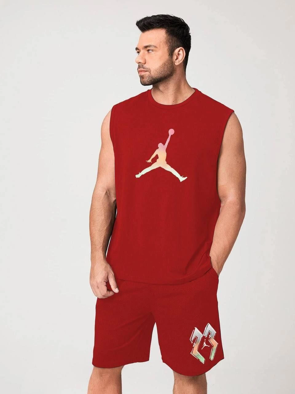 Men's Red Back Print Sleeveless Two-Piece Shorts Set