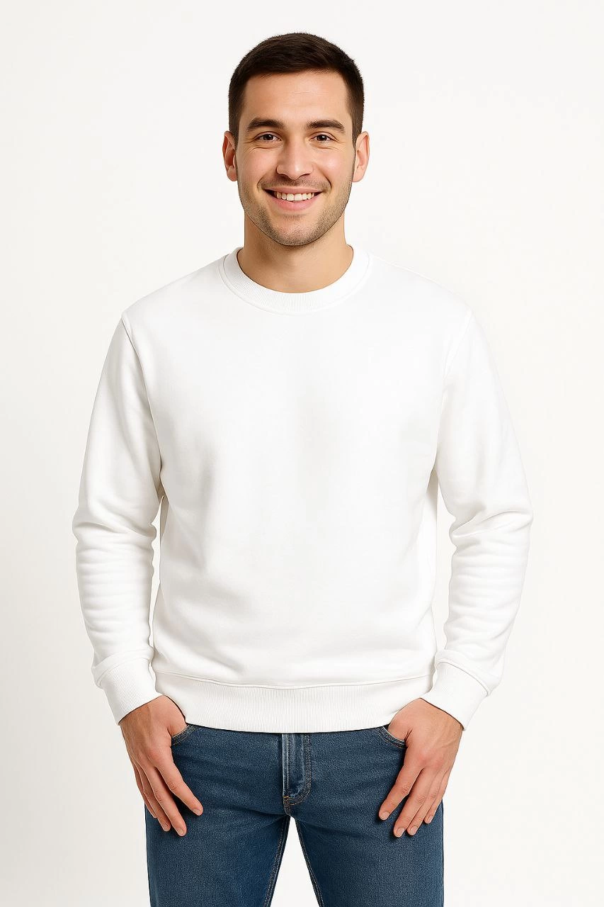 Men's Three-Thread Plain Crew Neck Sweatshirt - White