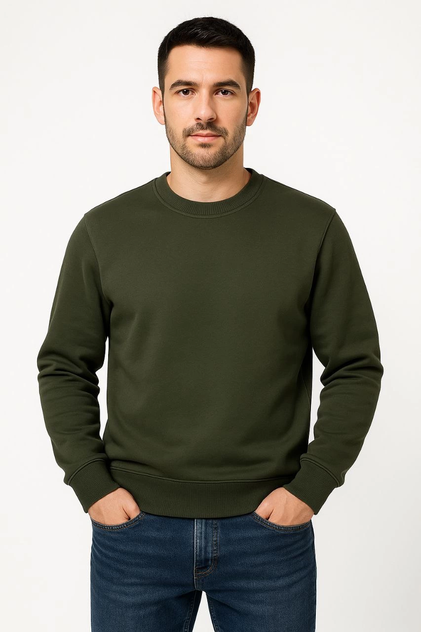 Men's Three-Thread Plain Crew Neck Sweatshirt - Khaki