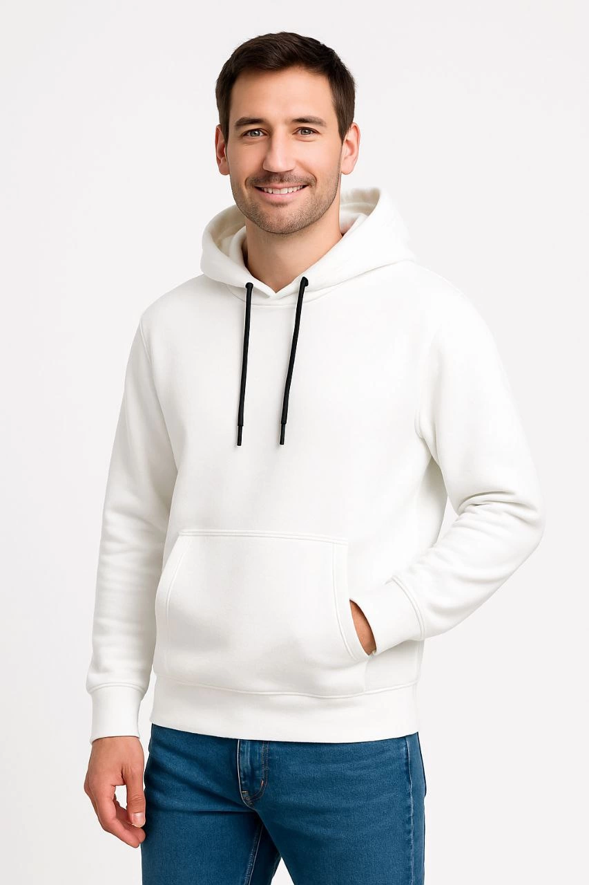 Men's Three-Thread Hooded Kangaroo Pocket Sweatshirt Hoodie - White