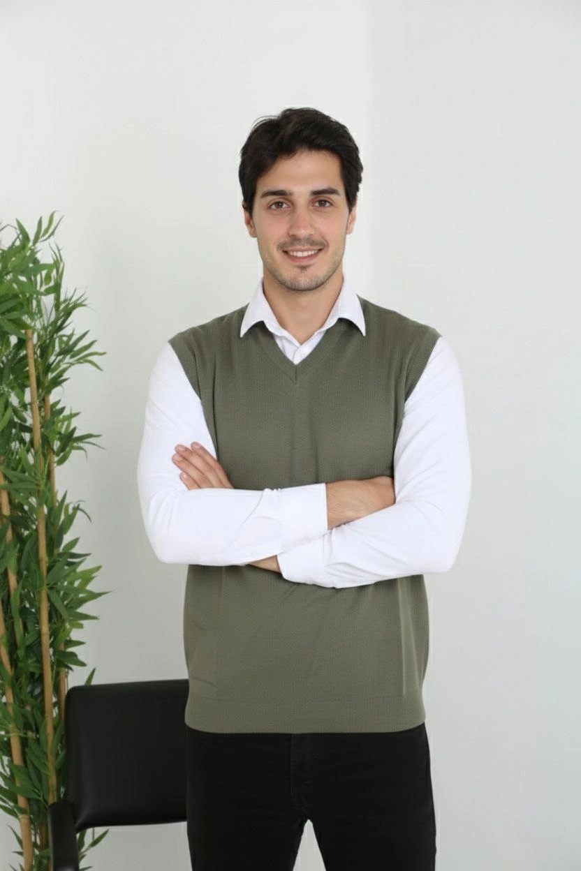 Erkek V Yaka Kolsuz Süveter Triko Kazak yumuşak dokulu Pamuklu ince Dokuma Rahat Regular kalıp - Haki