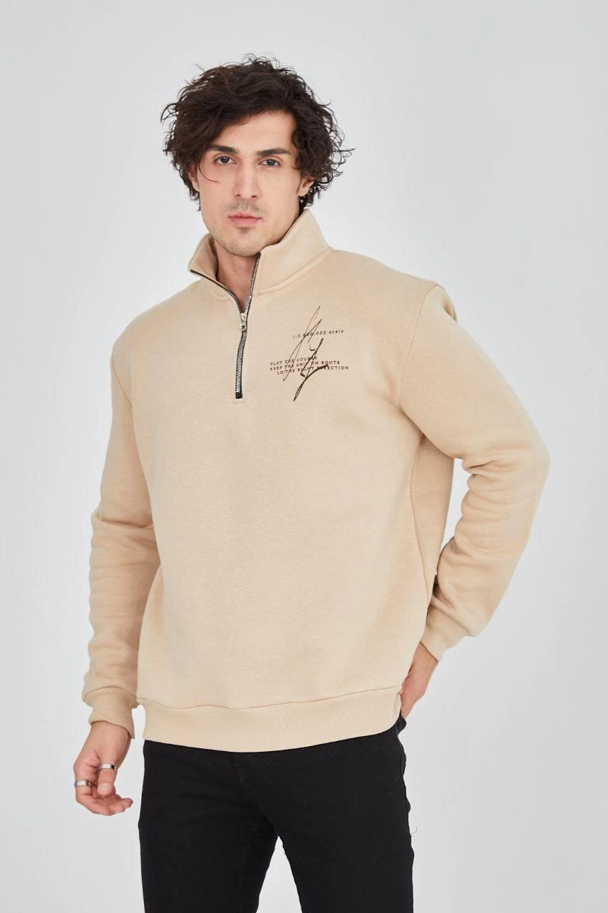 Men's Half-Zip Printed Sweatshirt - Beige