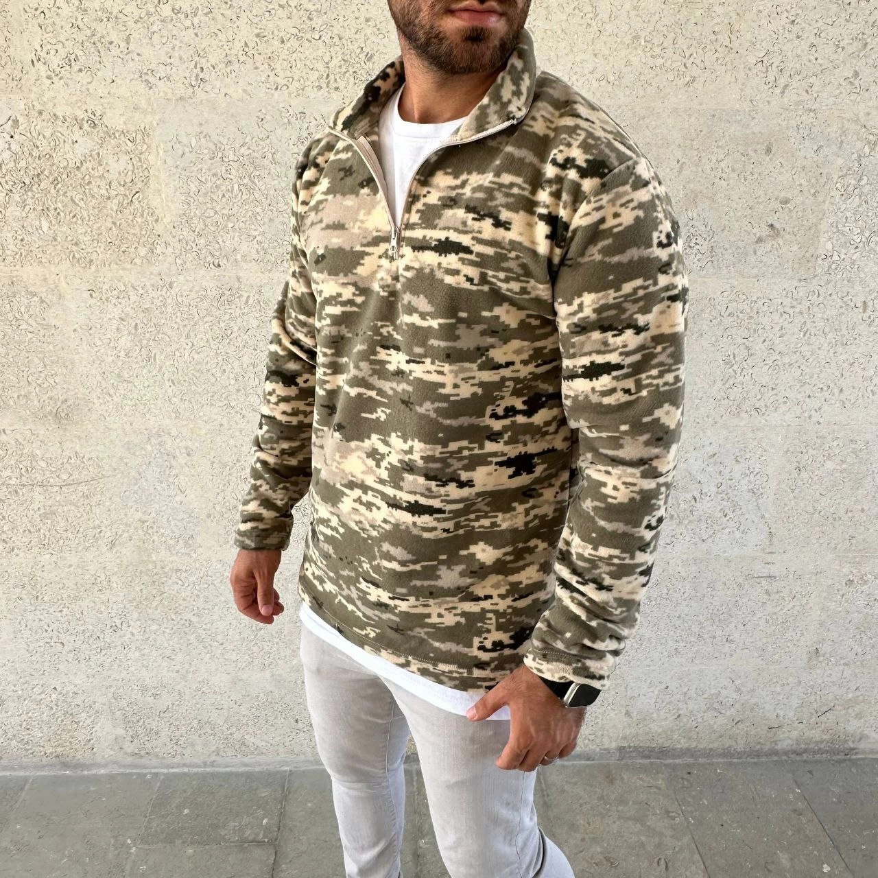 Men's Half-Zip Patterned Fleece Sweatshirt - Khaki Camo Collar, Long Sleeve, Oversize Relaxed Fit - Khaki