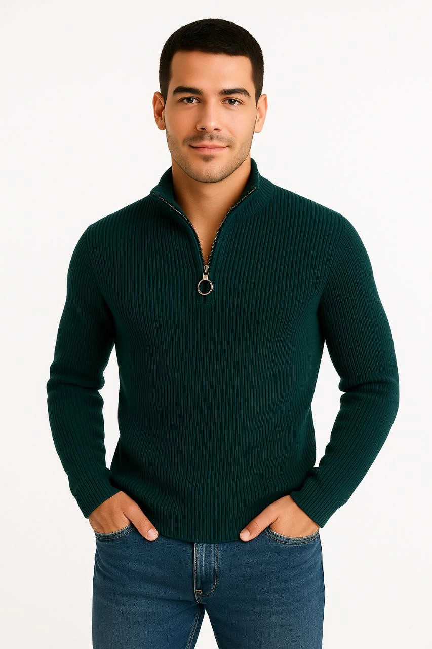 Men's Half-Zip Knit Sweater - Fisherman's Rib, Stand-Up Collar, Cotton Weave, Regular Fit Long Sleeve Winter Model - Khaki