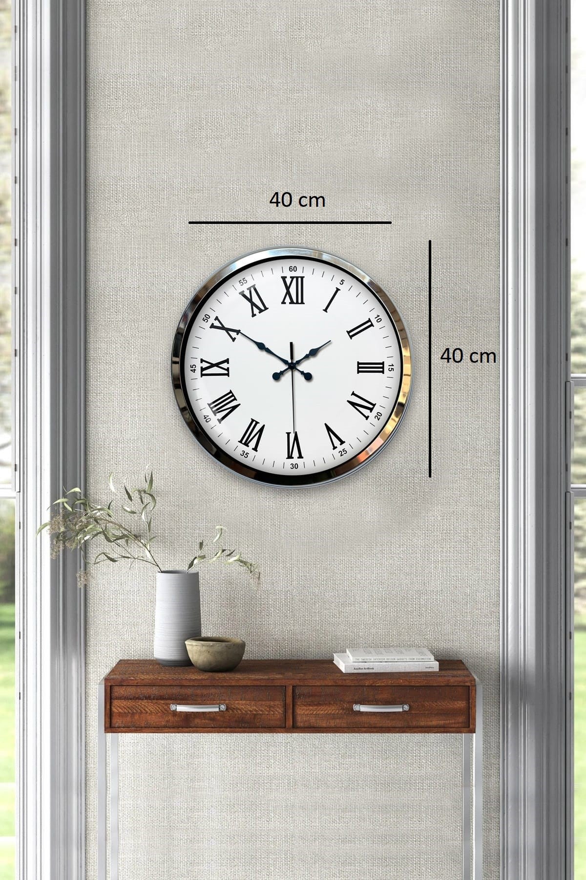 Krom Roma Rakamlı 40 Cm Metal Modern Duvar Saati