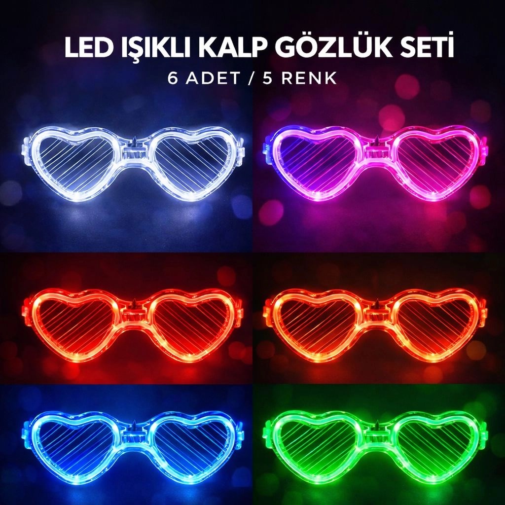 Mey İthalat® LED Işıklı Kalp Glow Pilli Parti Gözlüğü - 6 Adet / 5 Renk Set