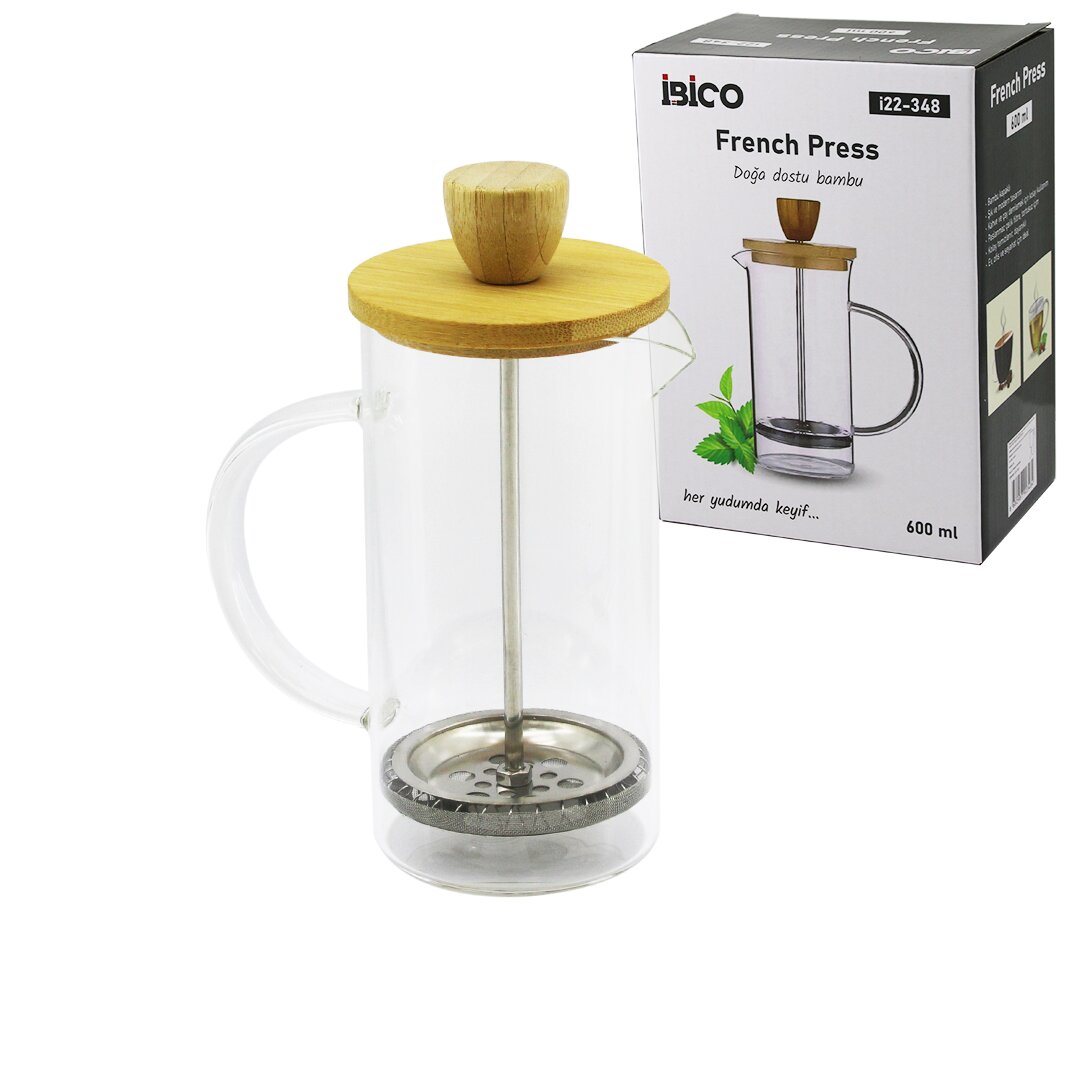 FRENCH PRESS BAMBU KAPAK 600ML CAM BİTKİ SÜZGEÇİ (5347)