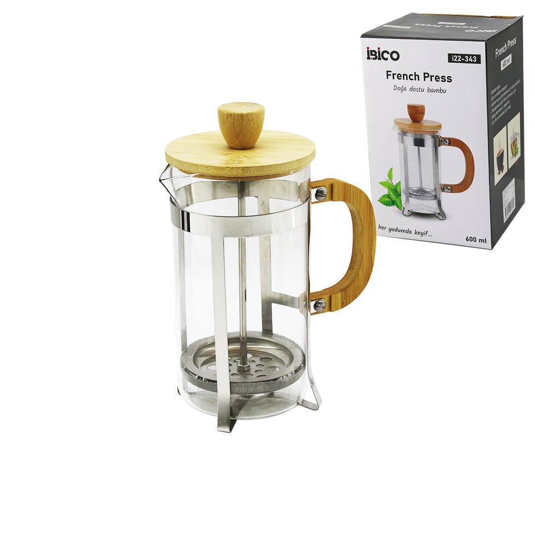 FRENCH PRESS METAL KAFES - BAMBU SAP BAMBU KAPAK 600ML CAM BİTKİ SÜZGEÇİ (5347)