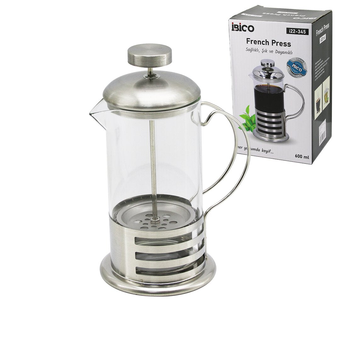 FRENCH PRESS METAL KAFES - METAL KAPAK 600ML CAM BİTKİ SÜZGEÇİ (5347)