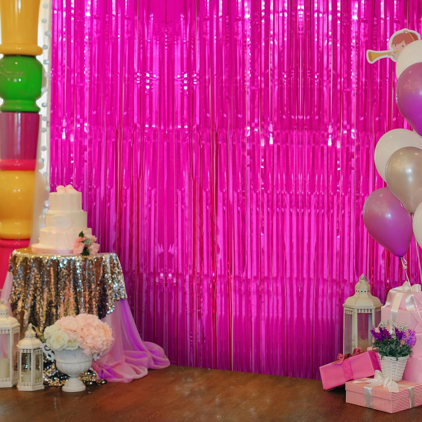 Extra Metallic Shiny Fringe Backdrop Curtain Fuchsia