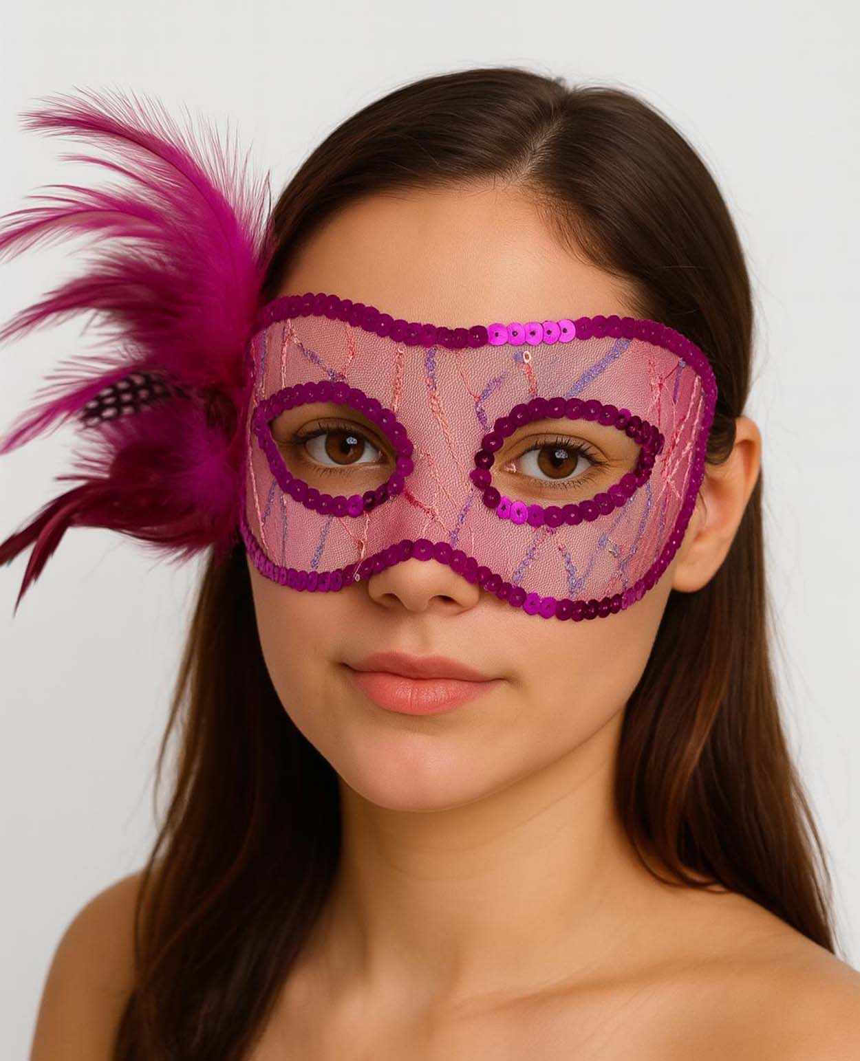 Fuchsia Side Feather Sequin Embroidered Party Mask 23x12 cm