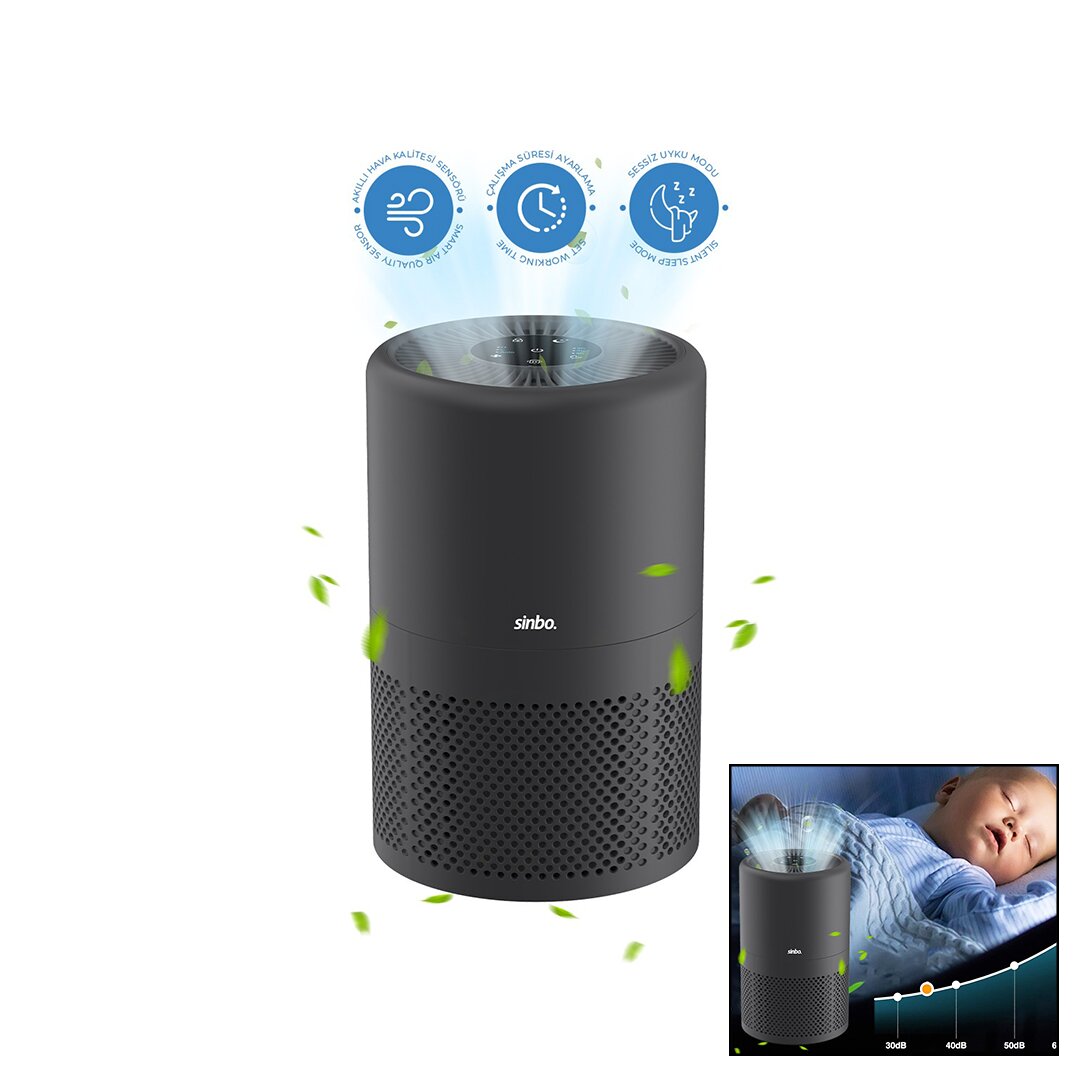 GRİ HAVA TEMİZLEME CİHAZI OTOMATİK FAN 3 KADEME FİLTRELEME LED AYDINLATMA SESSİZ UYKU MOD SAP-5507 (5347)