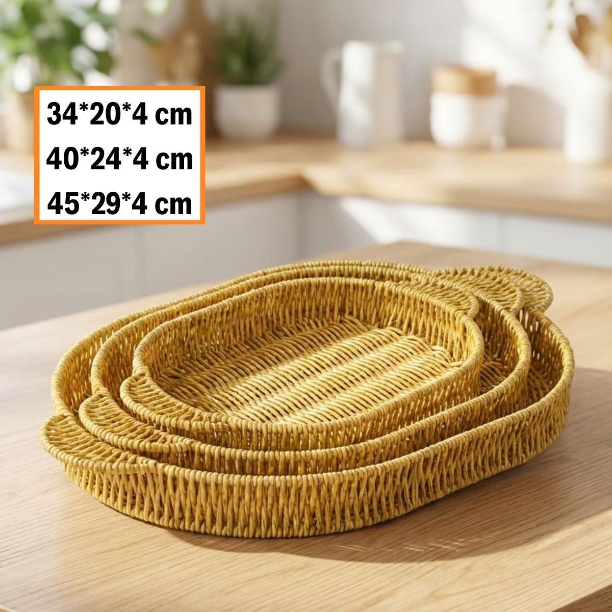 İç İçe Geçebilen 3 lü Oval Plastik Rattan Tepsi Seti-Hasır Görünümlü Çok Amaçlı Servis ve Sunum Tepsileri (5347)