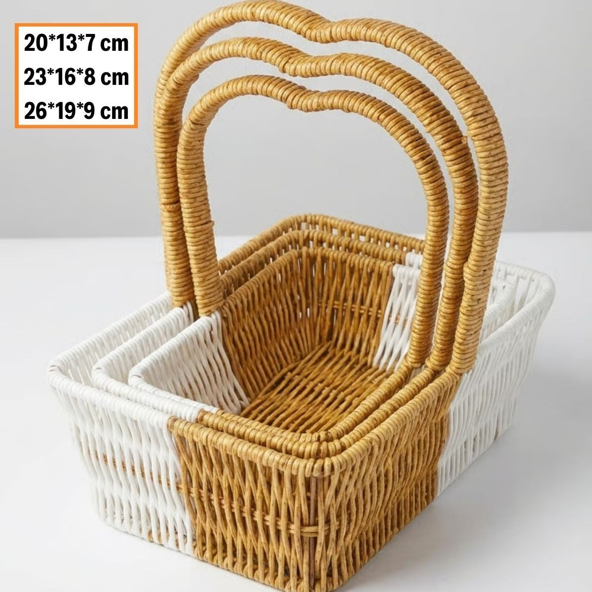 İç İçe Geçebilen 3 lü Çift Renkli Dikdörtgen Formlu Kalp Saplı Plastik Rattan Sepet Seti - Hasır Görünümlü Çok Amaçlı Organizerler (5347)