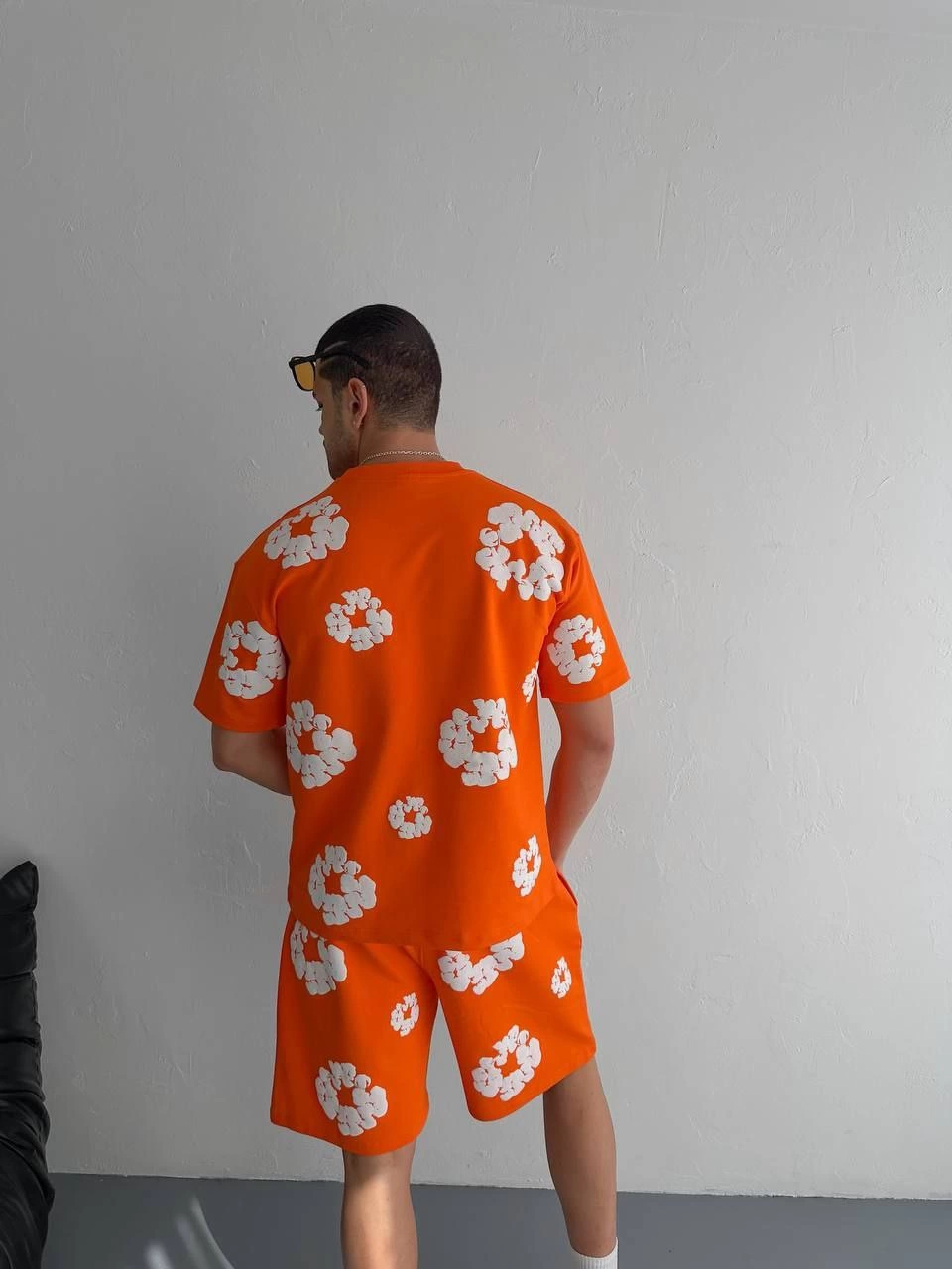 Two-Thread Fabric Printed T-shirt with Shorts Set - Orange