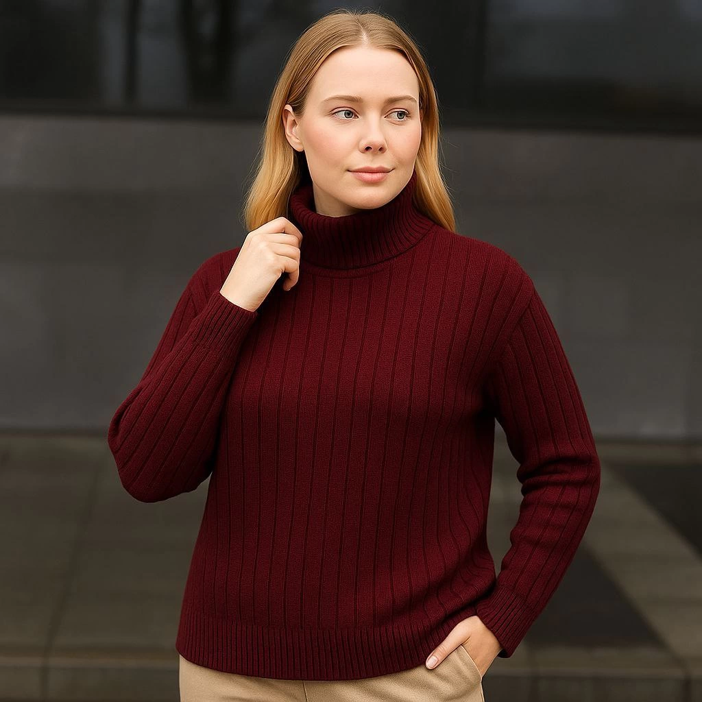 Women's Turtleneck Knit Sweater - Burgundy, Cotton Thick Ribbed Weave