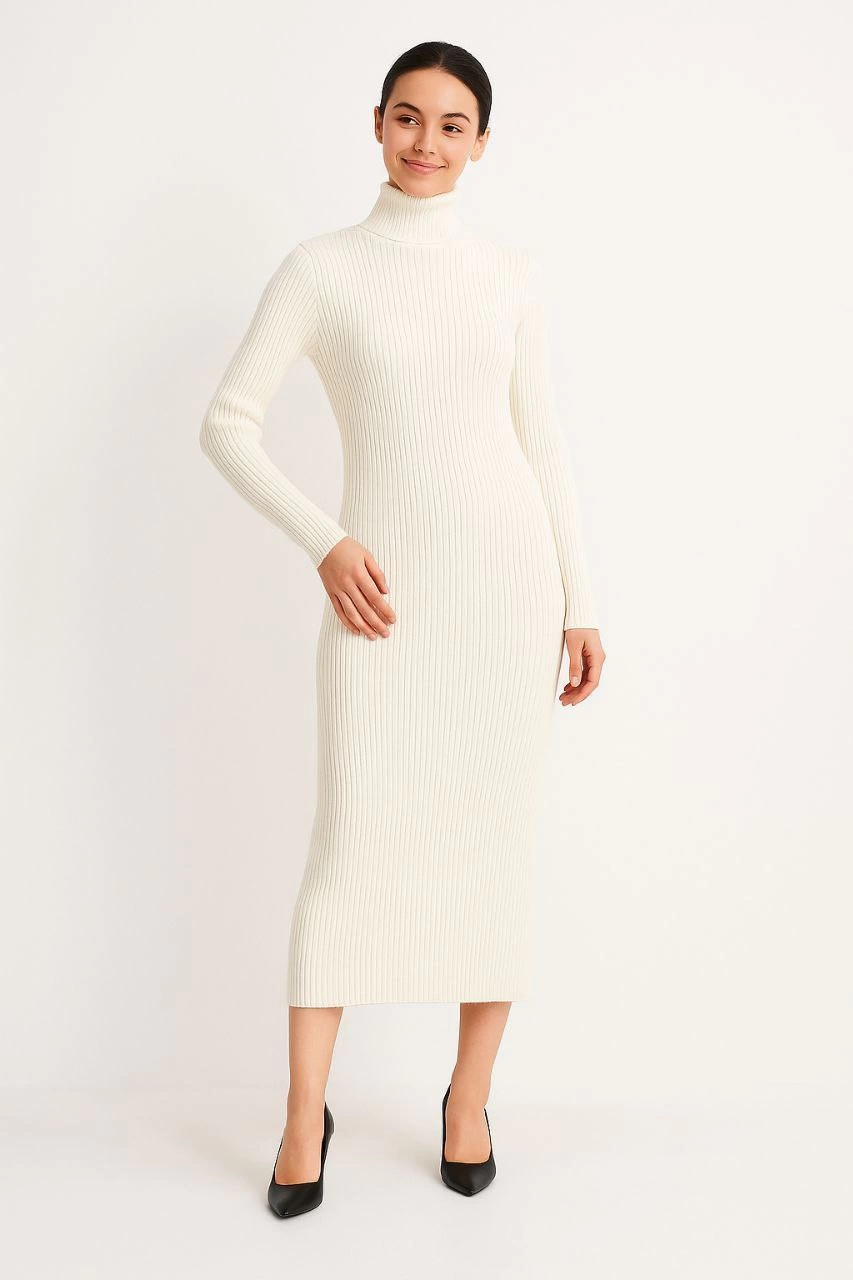 Women's Turtleneck Knit Dress - Long Ribbed Stretchy Weave, True to Size, Stylish Comfortable Winter & Spring Style, 130 cm Midi Dress - White