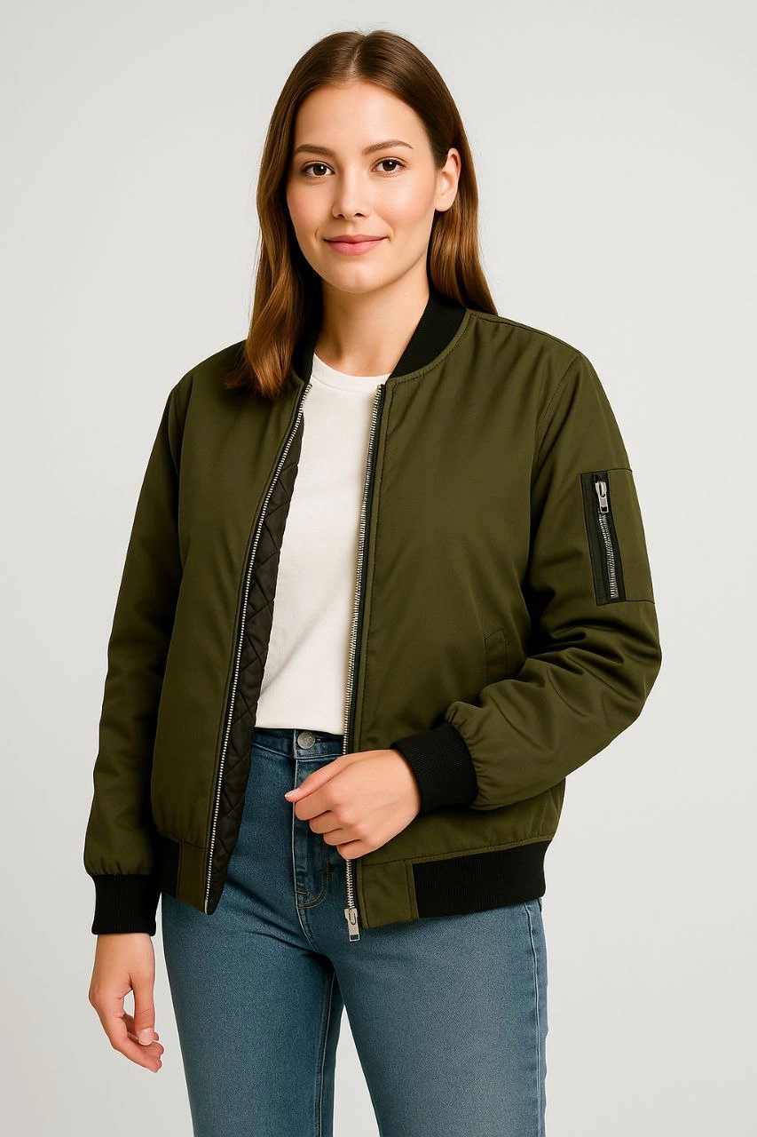Kadın Bomber Mont Ceket - Fermuarlı, Kapitone İçi Astarlı, Su İtici Kumaş, Regular Fit, Yandan Cepli, Günlük Bahar & Kış Şık Rahat Stil - Haki