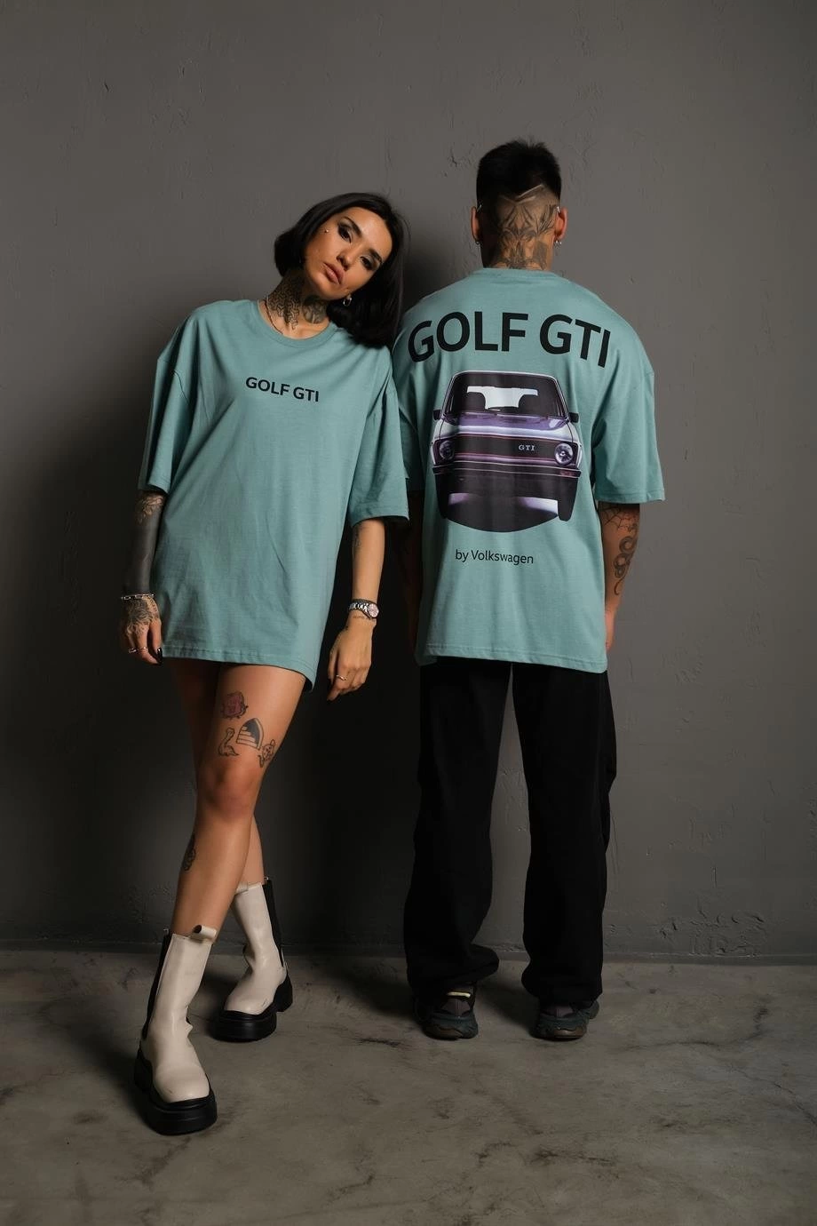 Erkek Oversize Baskılı Tişört - Golf GTI Retro Araba Desenli, Ön & Arka Dijital Baskı, Sokak Modası Stil - Mint Yeşili
