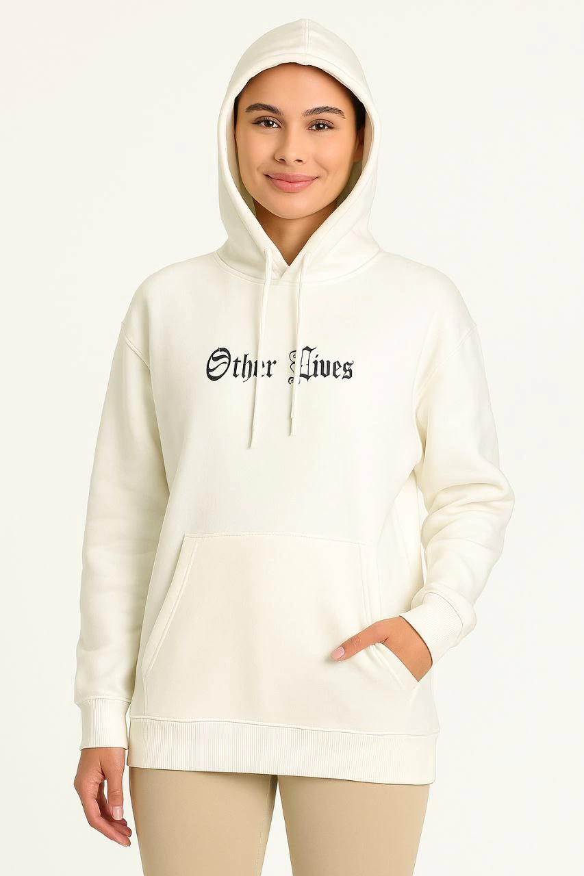 Women's Hooded Sweatshirt - Oversize Three-Thread Brushed Hoodie, 'Other Lives' Front & Back Print, Kangaroo Pocket, Winter Warm Casual Style - White
