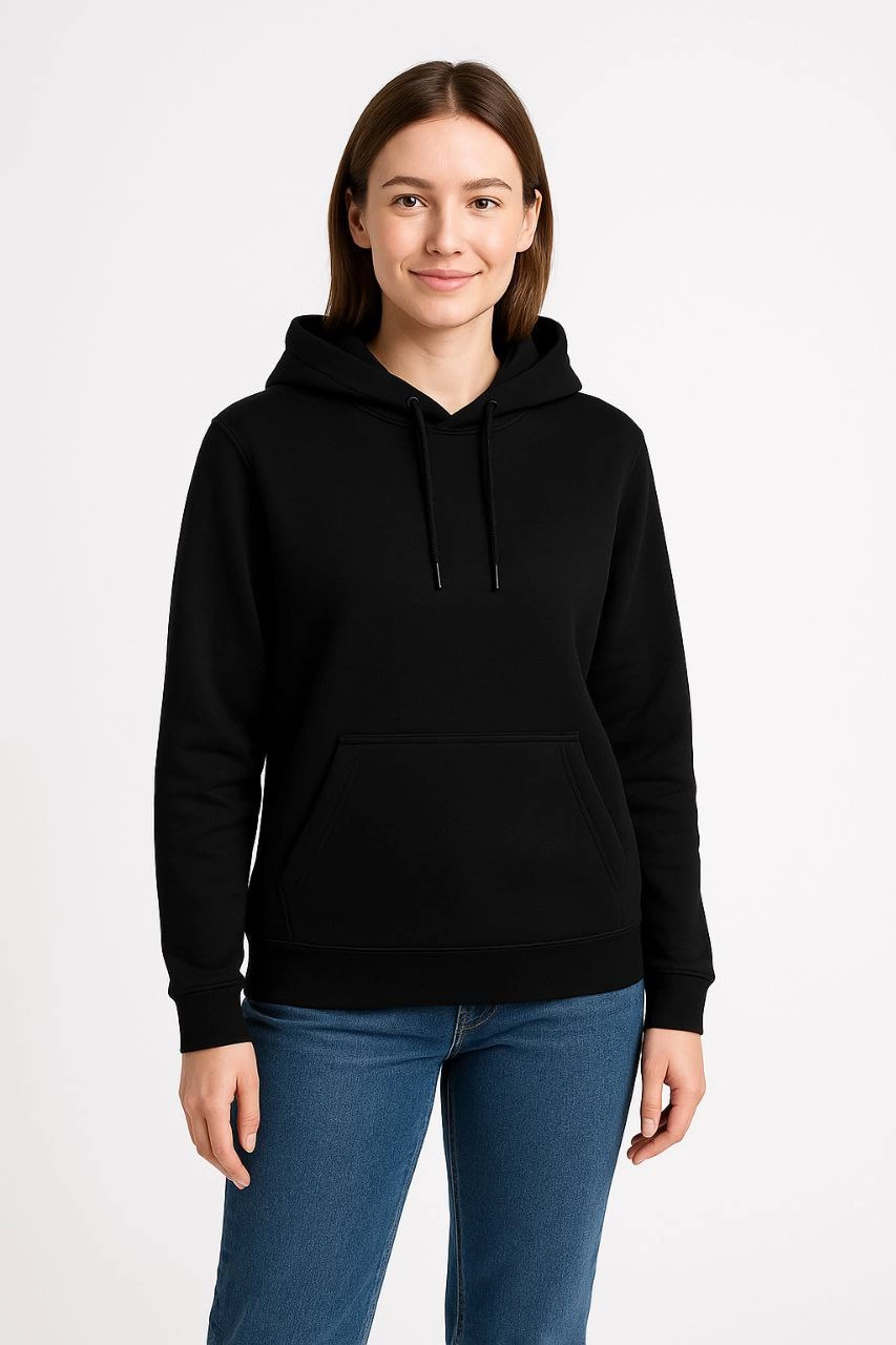 Women's Three-Thread Hooded Kangaroo Pocket Sweatshirt Hoodie - Black