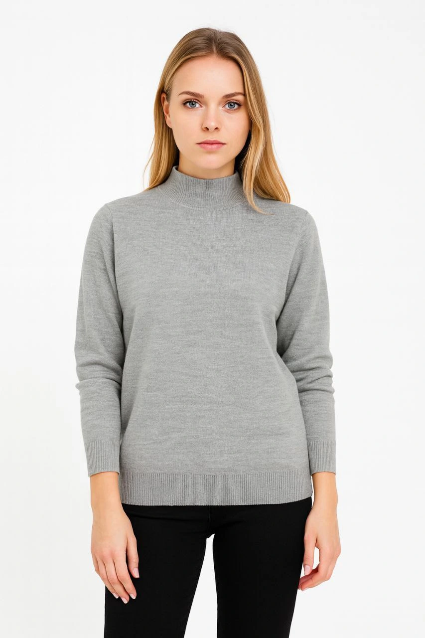 Women's Mock Neck Knitted Sweater, soft textured Cotton fine knit, long sleeve, Comfortable Regular fit - Gray