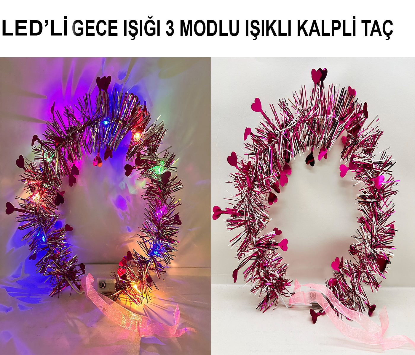 Heart Tassel Night Glow 3-Mode LED Light-Up Crown Fuchsia (5347)