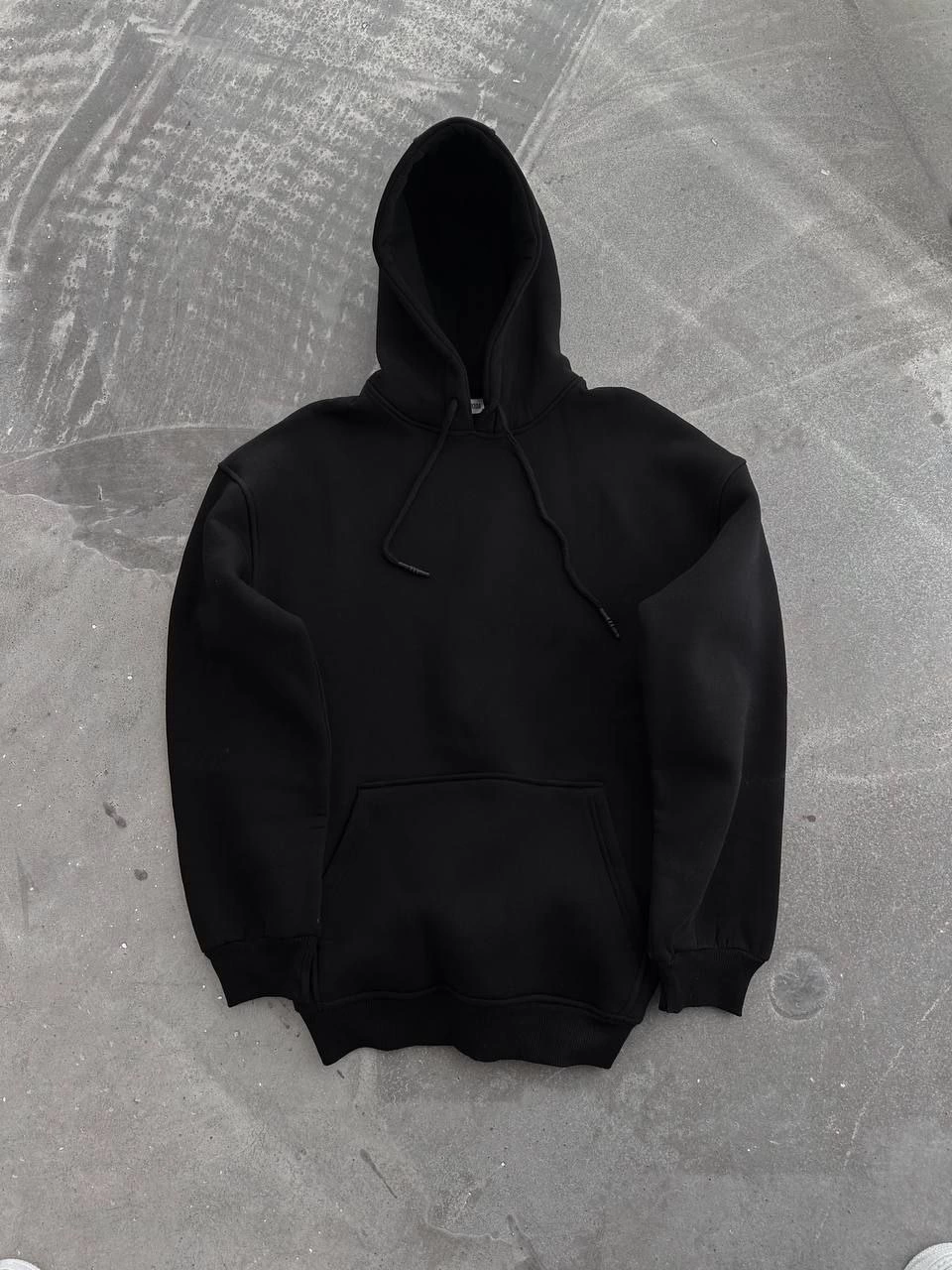 Hooded Three-Thread Combed Cotton Basic Sweatshirt - Black
