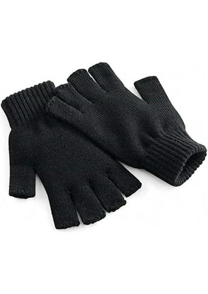 Women's Short Fingerless Knit Gloves - Black