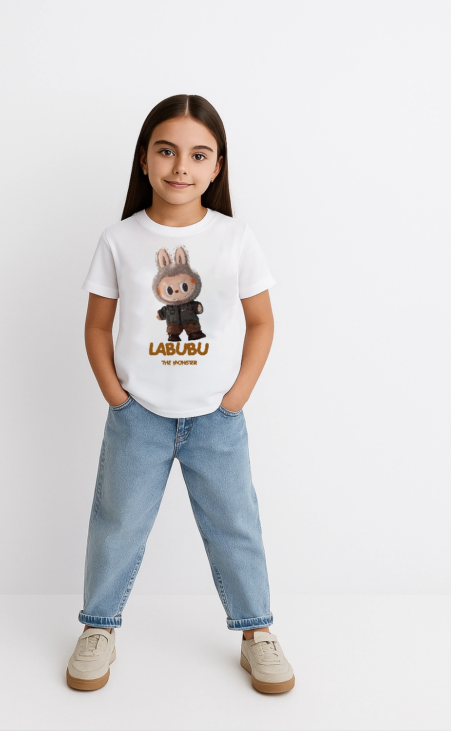 Kız Labubu Çocuk Baskılı T-Shirt - Beyaz