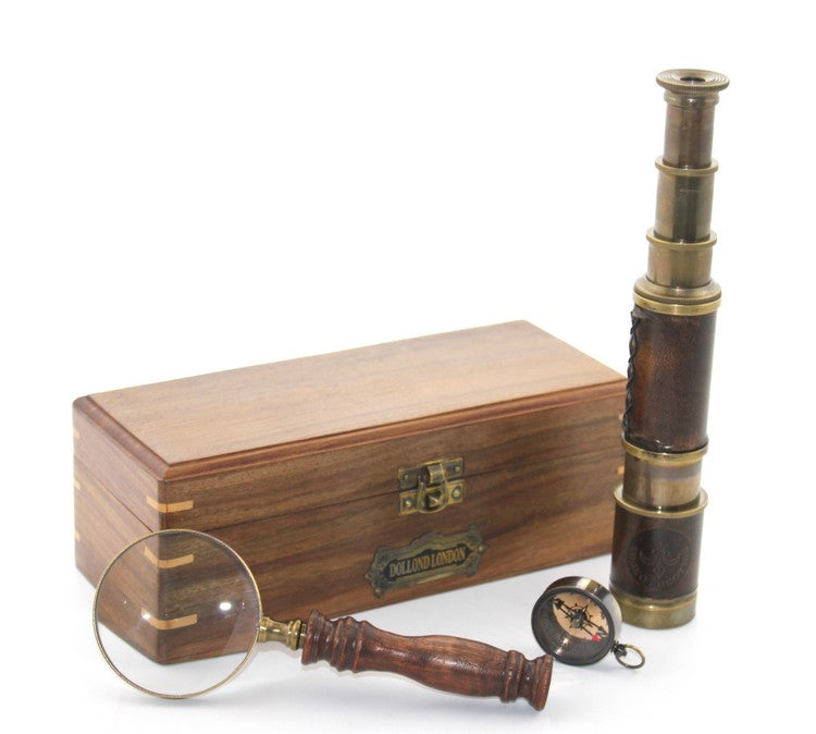 Wooden Box Brass Compass, Binoculars, Magnifying Glass, Set Model 2