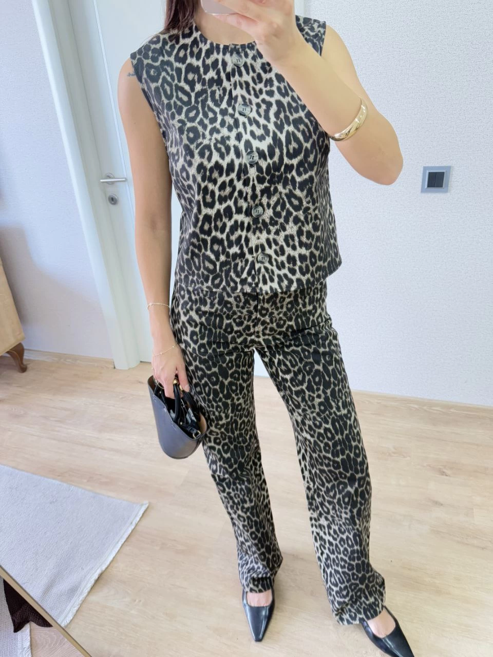 Leopard Print Buttoned Blouse and Pants Two-Piece Set -Leopard