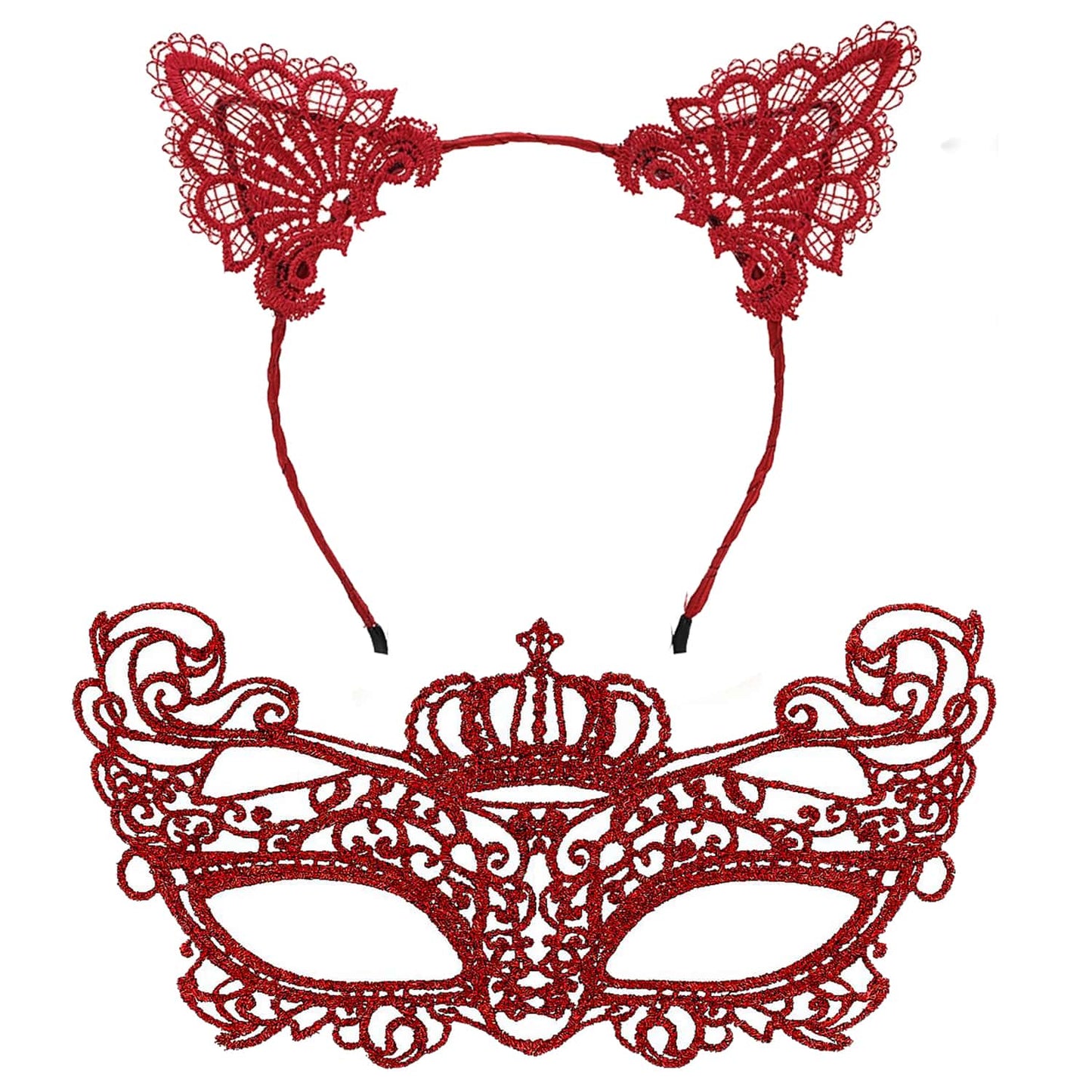Luxury Red Lace Crown Mask Set No. 2 - Party, Ball, Costume Accessory (5347)