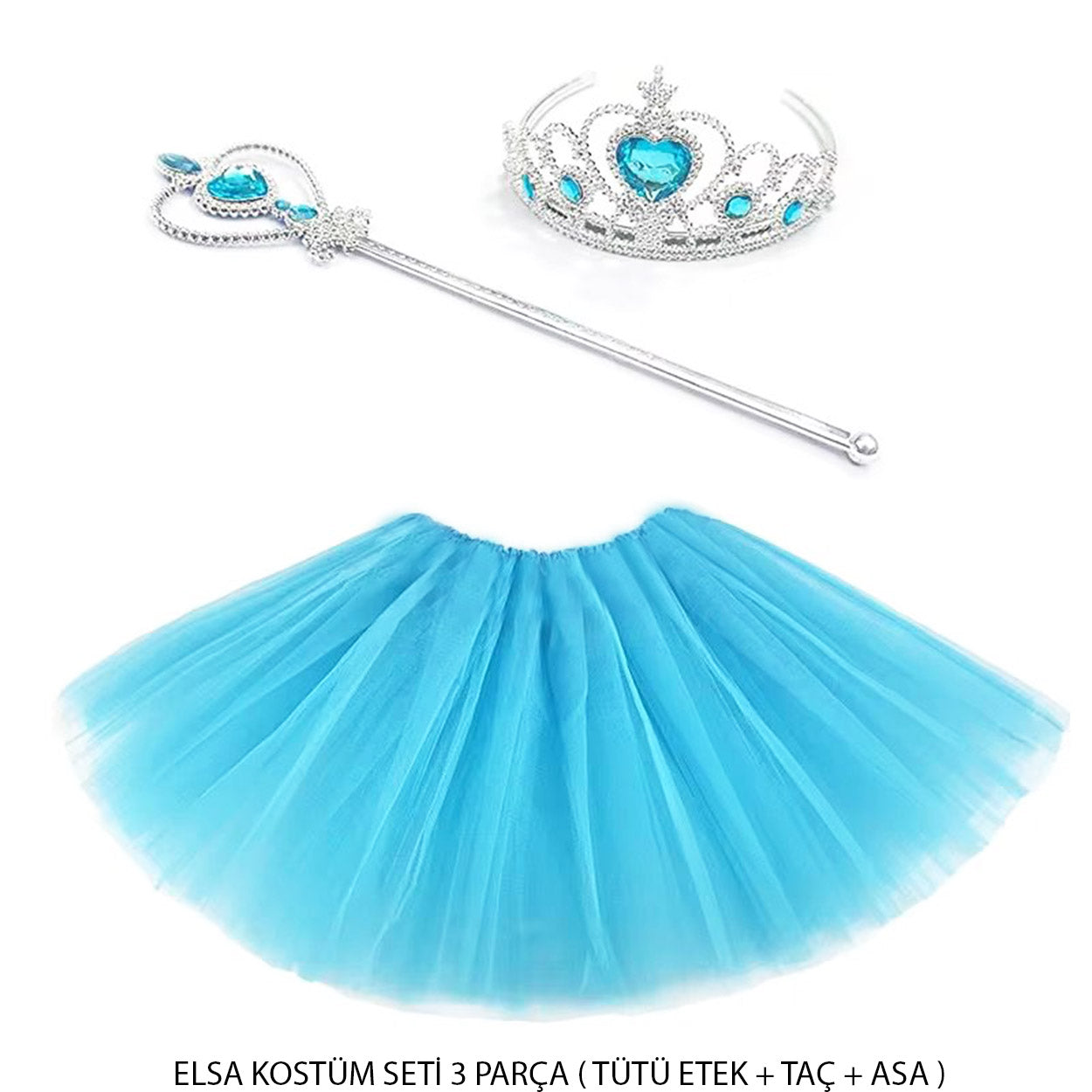 Mavi Prenses Elsa Kostüm Seti 3 Parça (Tütü Etek + Taç + Asa ) (5347)