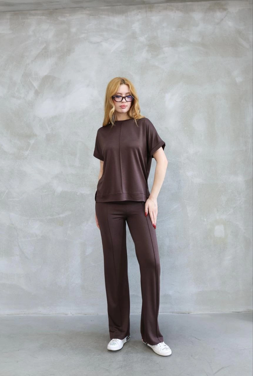 Osy Modal Soft Fabric Crew Neck Short Sleeve Set - Brown
