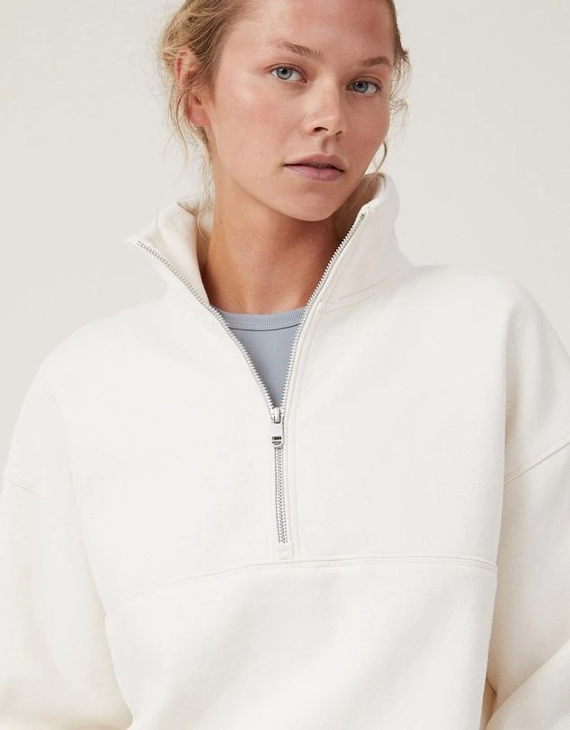 Oversize Half-Zipper Collared Basic Sweatshirt - White